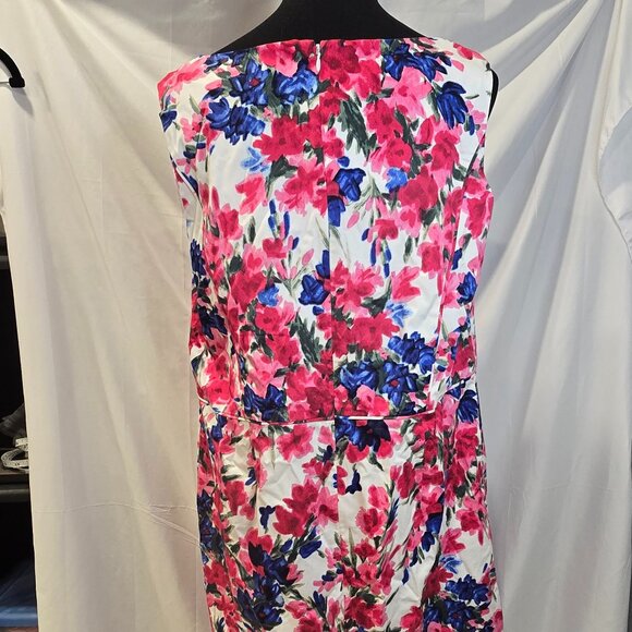 Talbots Floral Dress Size 14W Blue, Red, & White Lined Zip Sleeveless - Picture 6 of 9